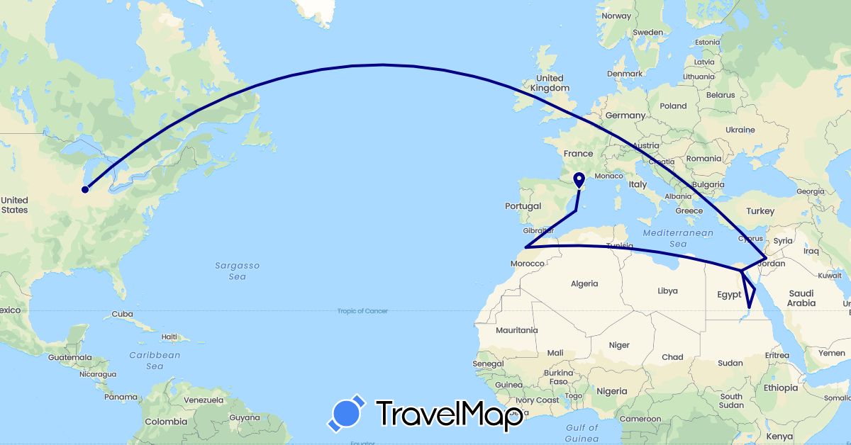 TravelMap itinerary: driving in Egypt, Spain, United Kingdom, Jordan, Morocco, United States (Africa, Asia, Europe, North America)